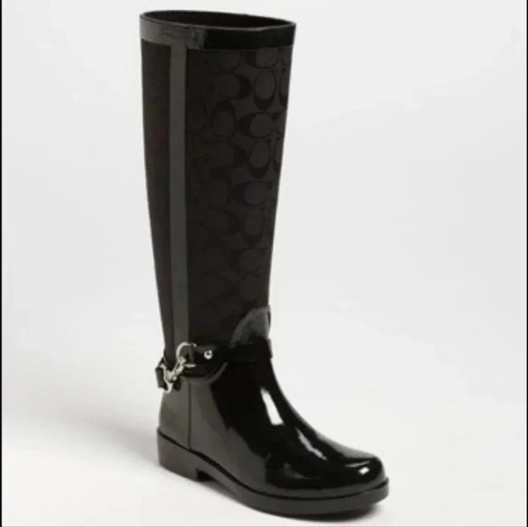 Coach Rainboots Lux Black Knee High Boots Waterproof Rubber Size 7 - Picture 1 of 15